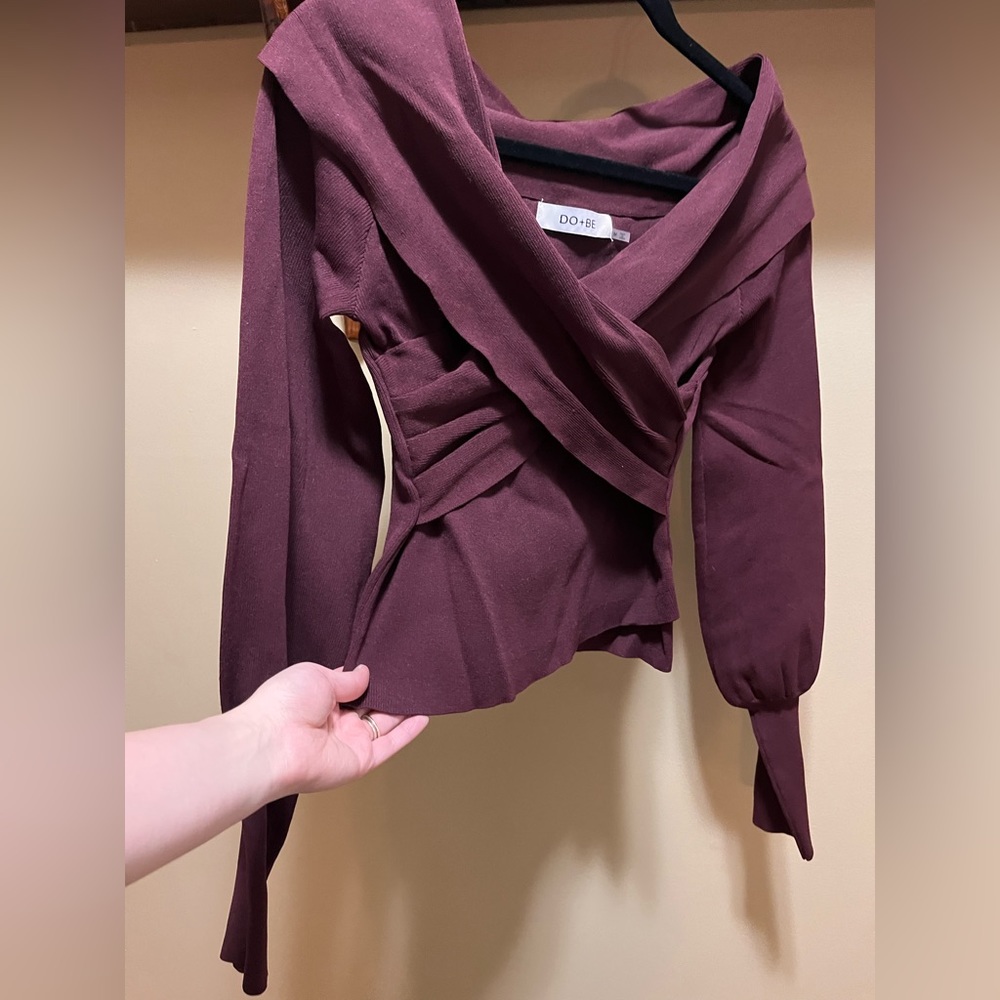 DO+BE off the shoulder crisscross casual ribbed knit soft sweater